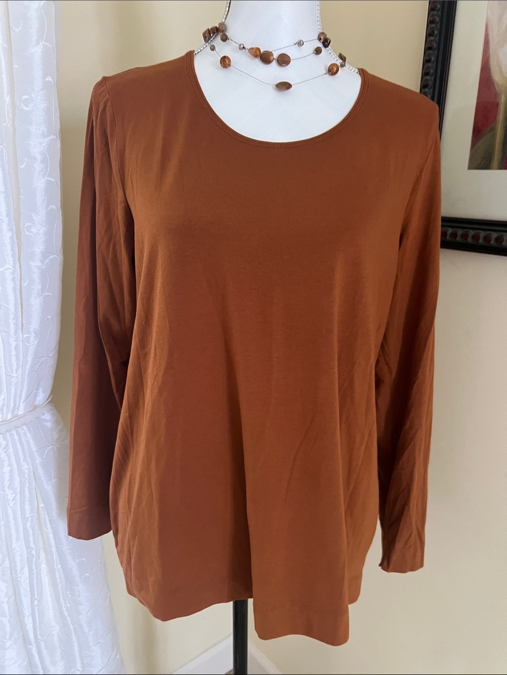 Chico's Long-Sleeve Crewneck Top in Rust Brown